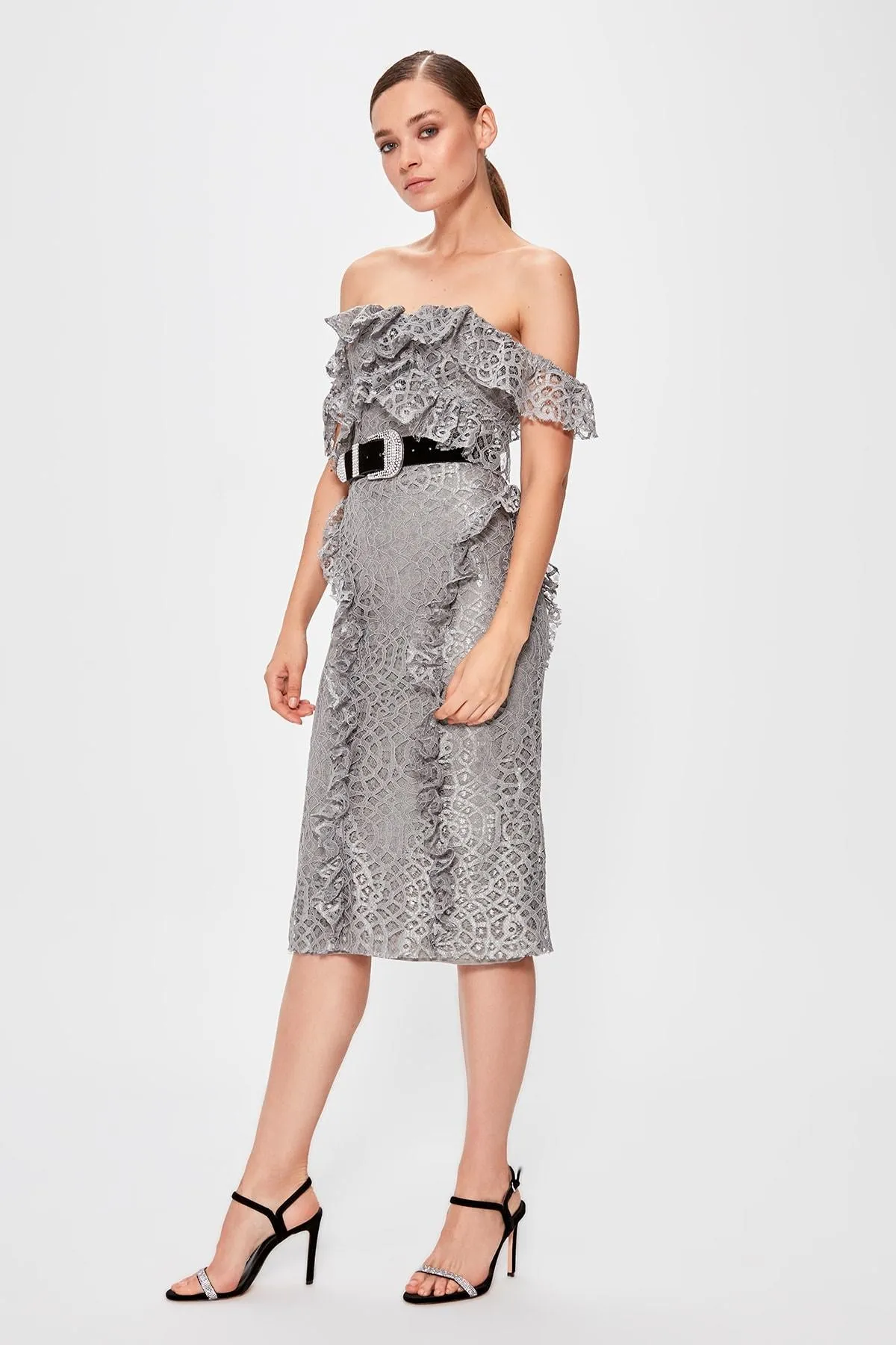 10931 Grey Square Collar Ruffle Lace Dress