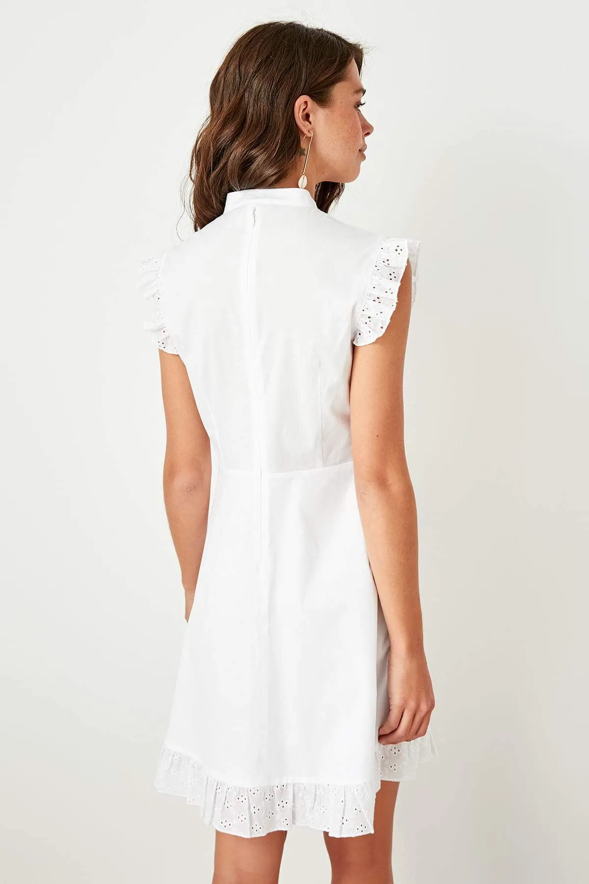 10942 Off-White Mandarin Collar Embroidered Dress