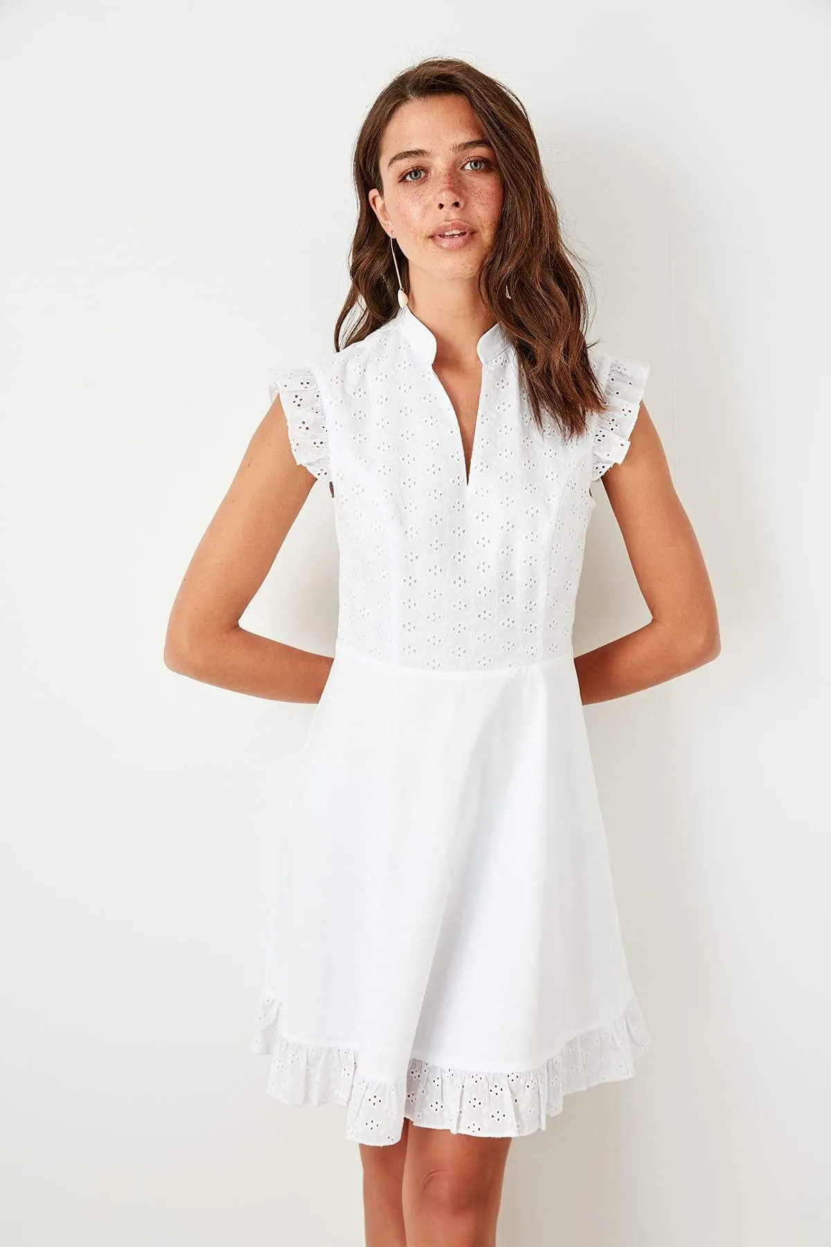 10942 Off-White Mandarin Collar Embroidered Dress