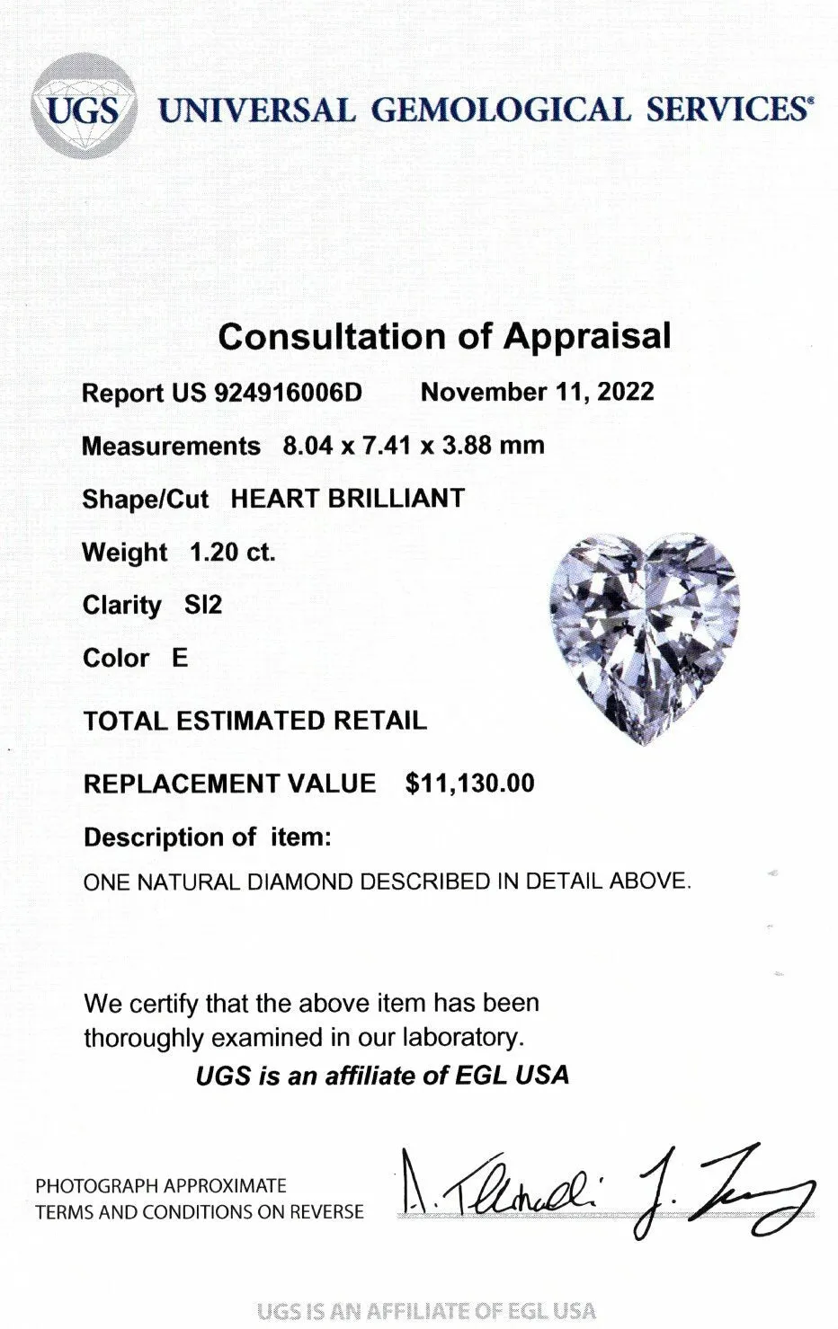 1.20ct CERTIFIED E SI2 HEART SHAPE CUT DIAMOND LOOSE NATURAL COLORLESS CLEAN