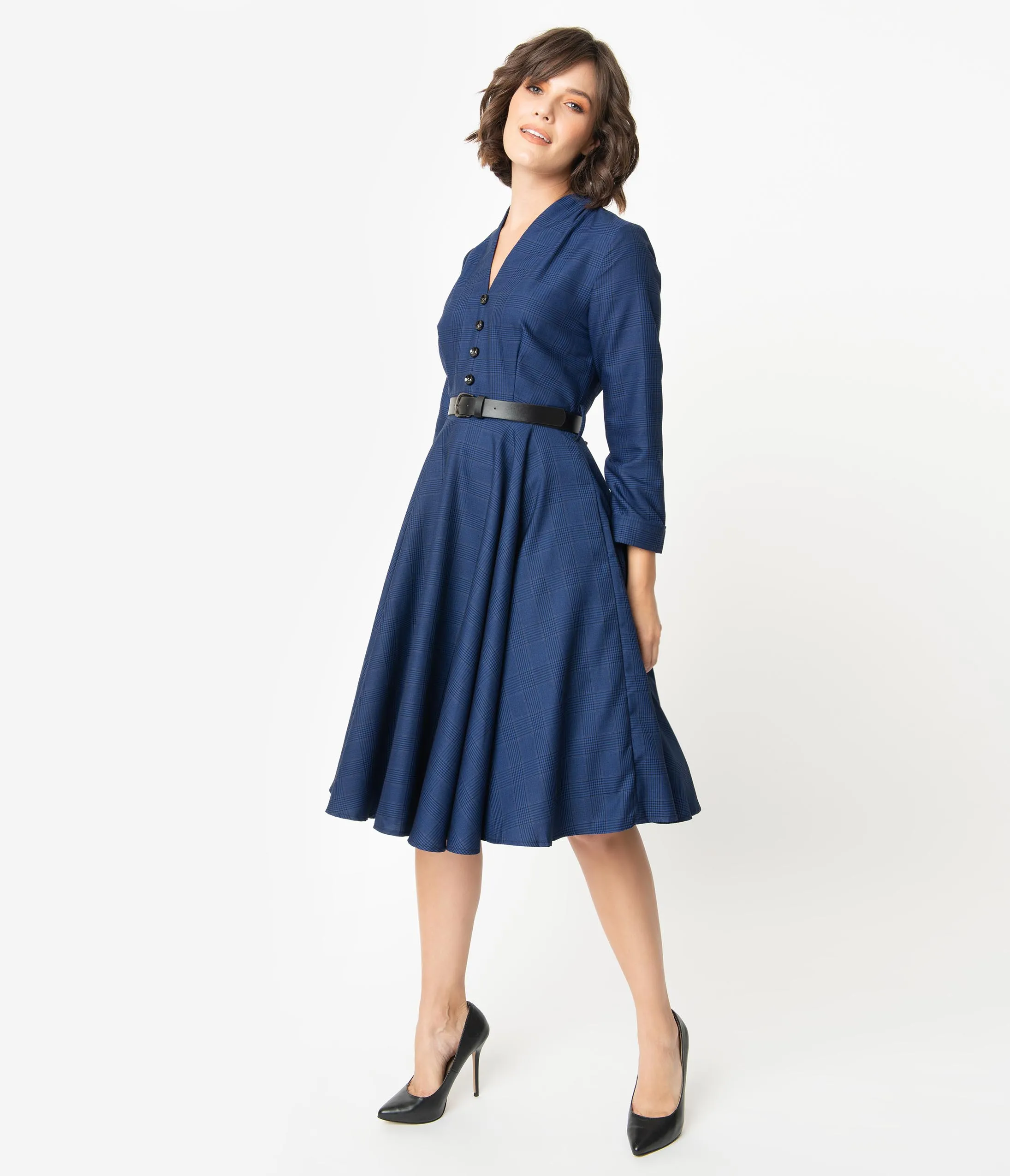 1950s Style Navy Glen Check Long Sleeve Helena Swing Dress