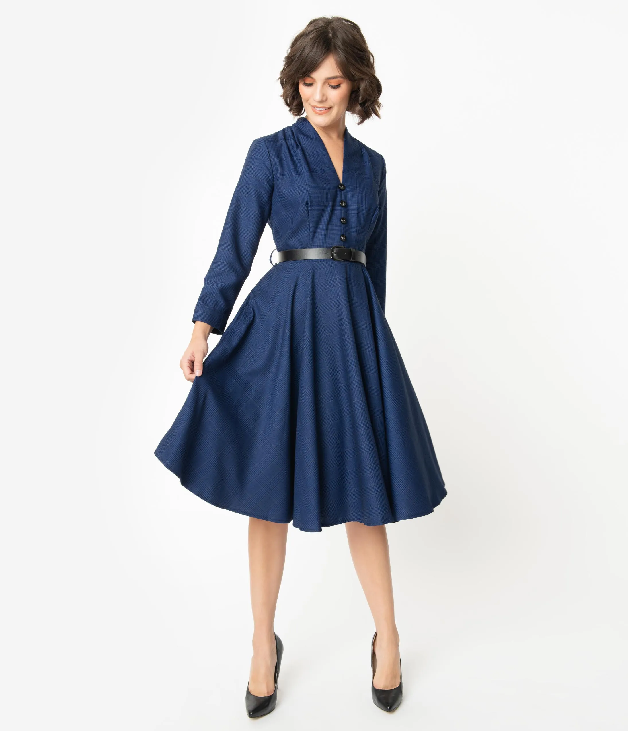 1950s Style Navy Glen Check Long Sleeve Helena Swing Dress