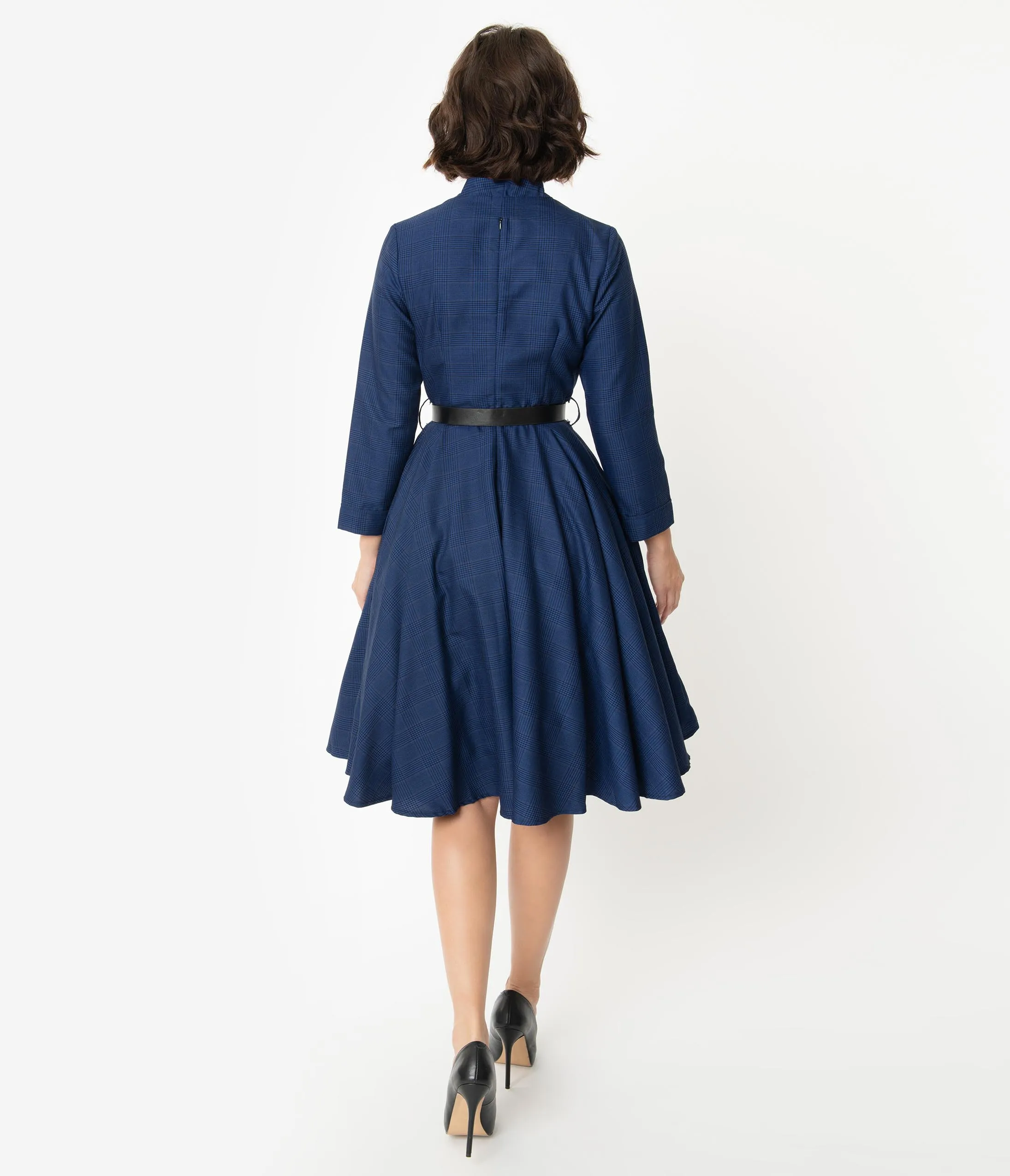 1950s Style Navy Glen Check Long Sleeve Helena Swing Dress