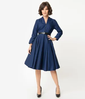 1950s Style Navy Glen Check Long Sleeve Helena Swing Dress