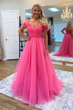 3D Flowers Off Shoulder Hot Pink Tulle Prom Dresses