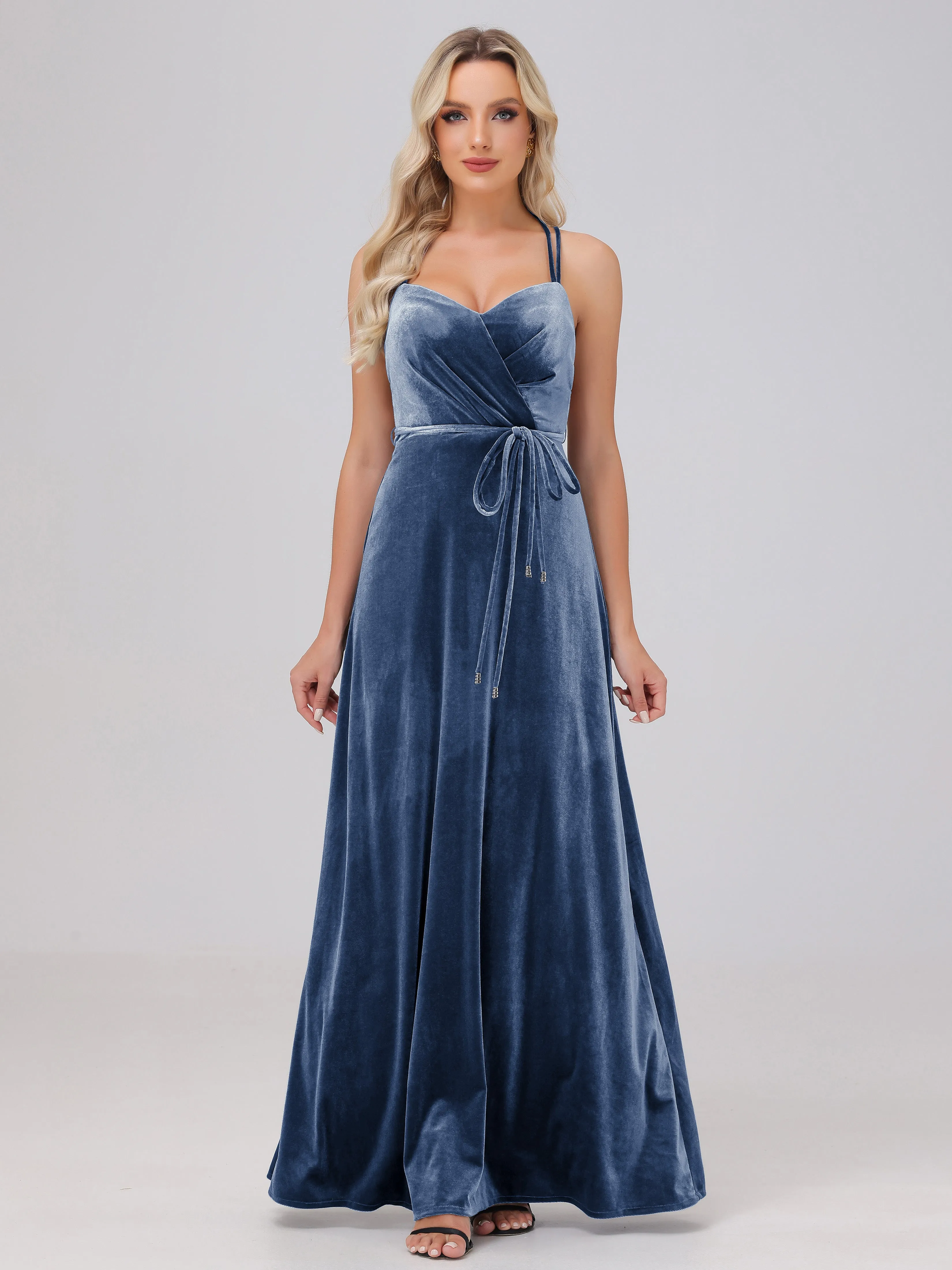 A-Line Sweetheart Criss-Cross Straps Long Velvet Bridesmaid Dresses