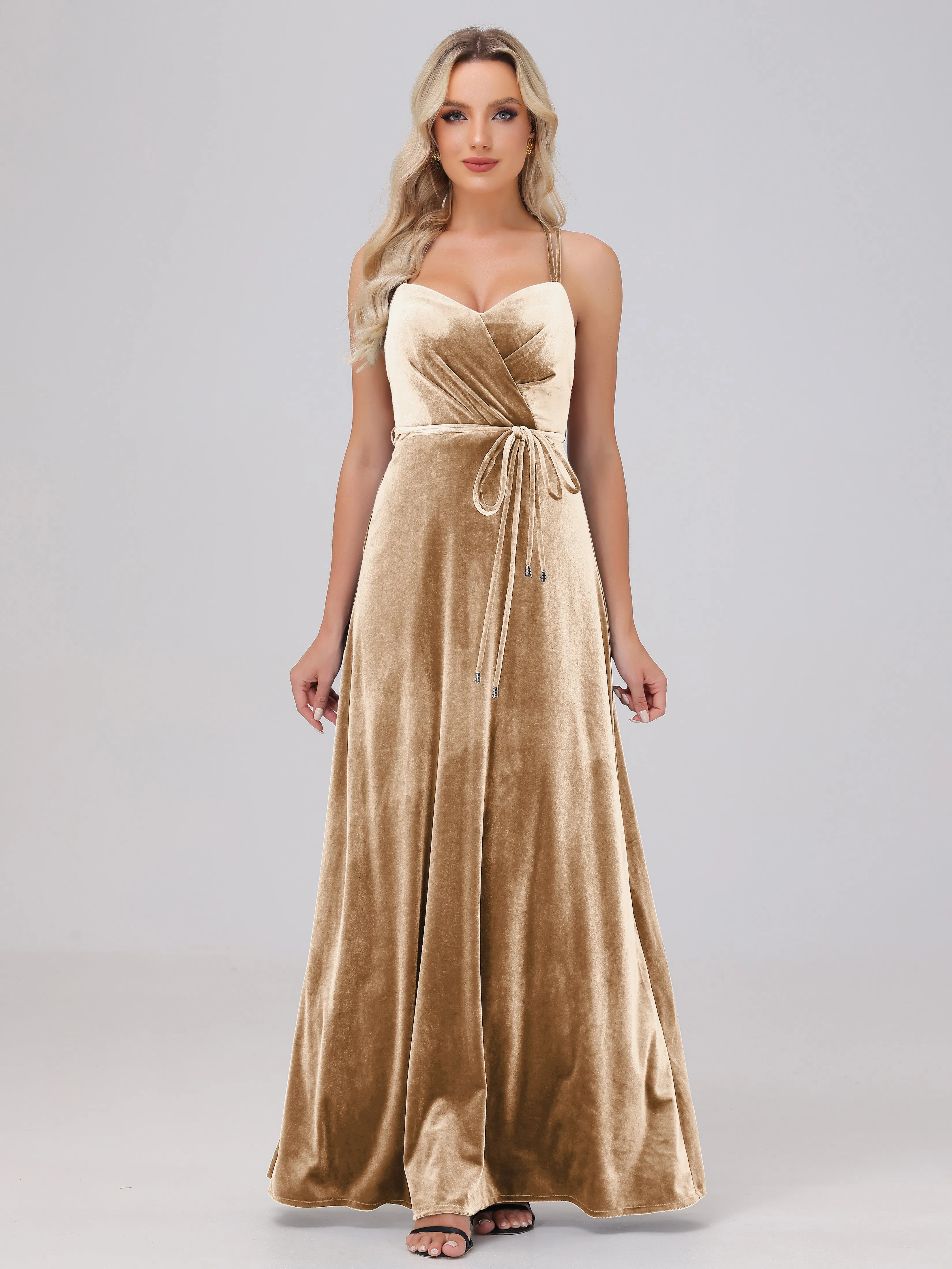 A-Line Sweetheart Criss-Cross Straps Long Velvet Bridesmaid Dresses