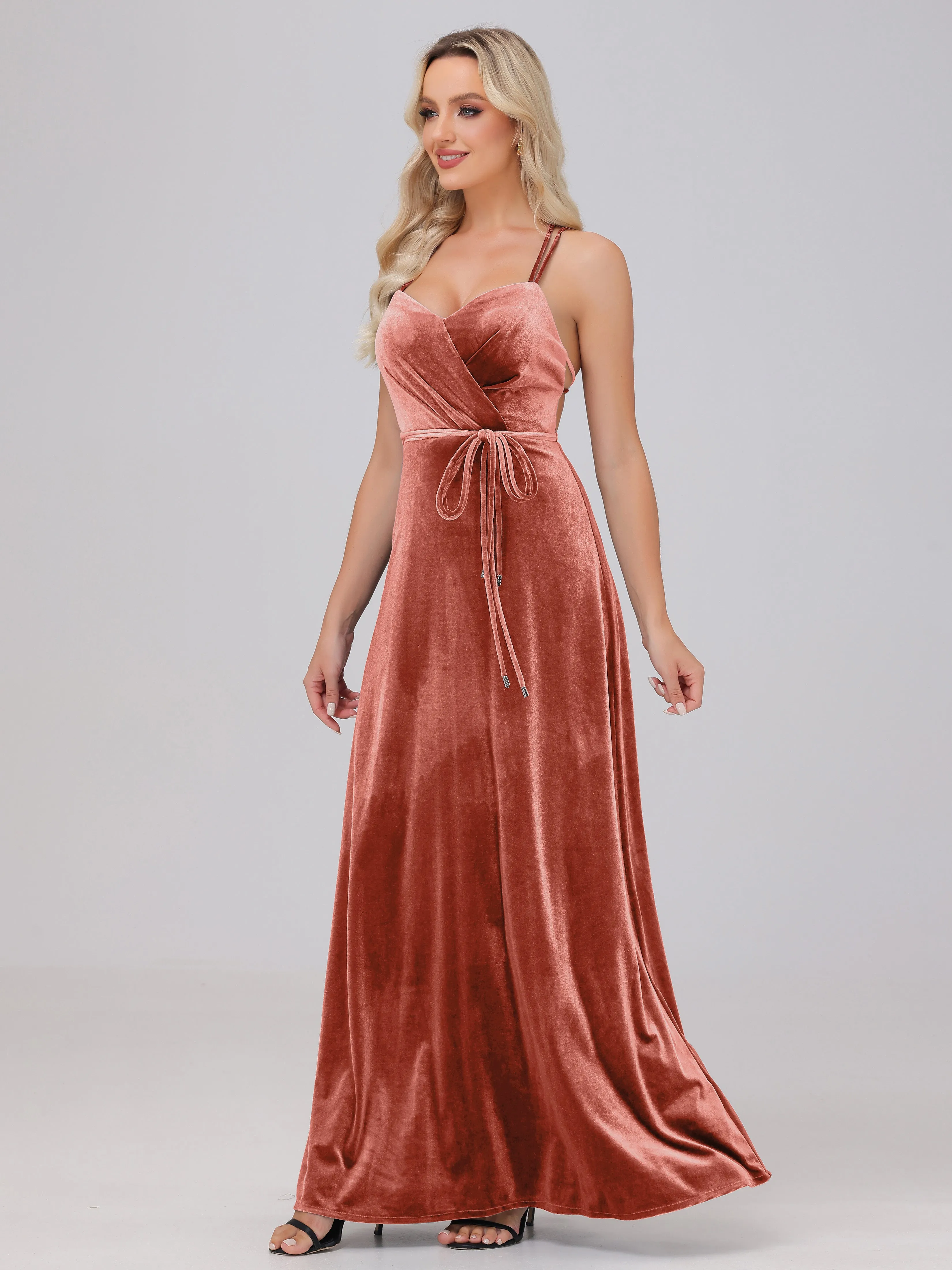 A-Line Sweetheart Criss-Cross Straps Long Velvet Bridesmaid Dresses