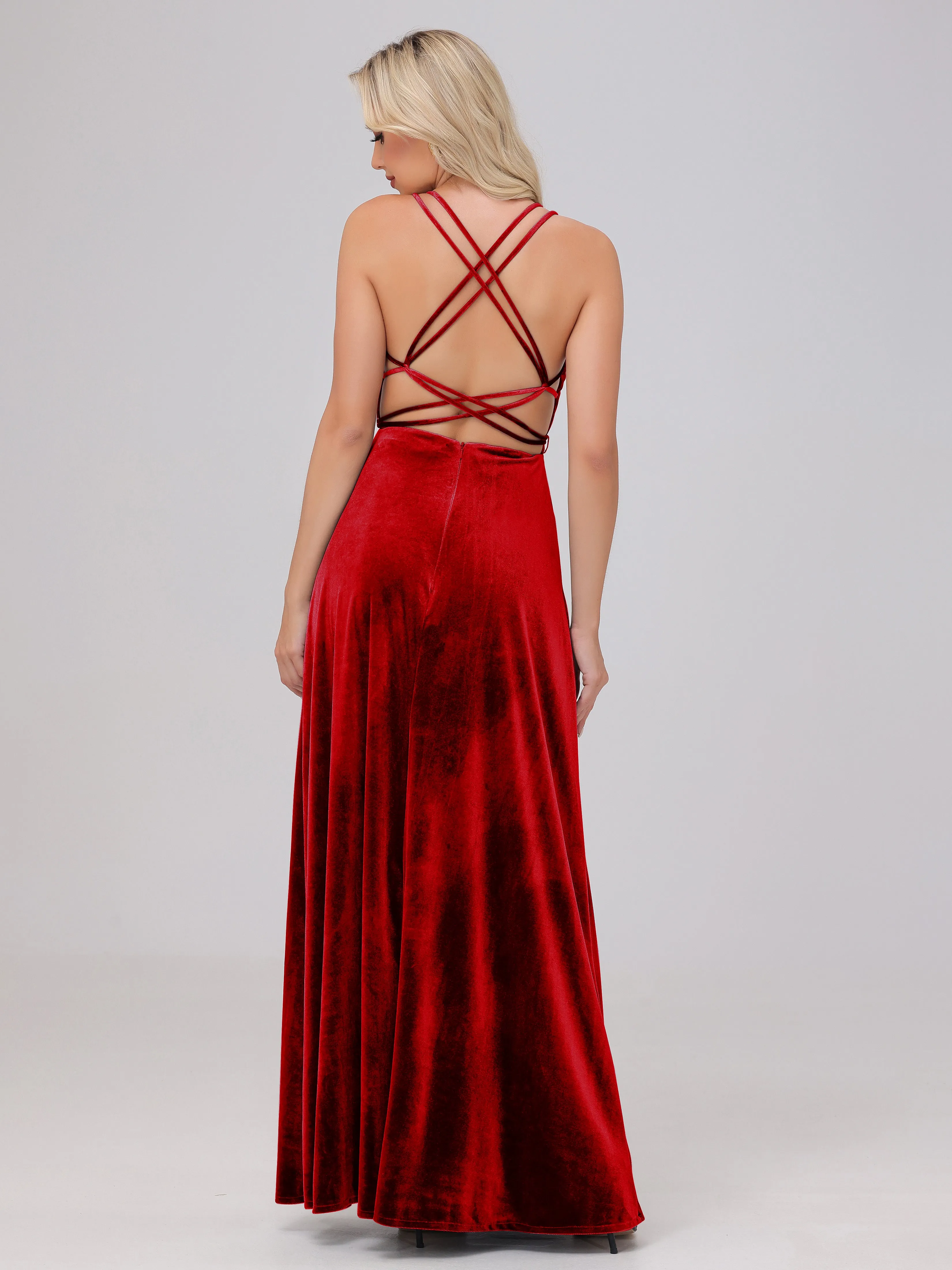 A-Line Sweetheart Criss-Cross Straps Long Velvet Bridesmaid Dresses