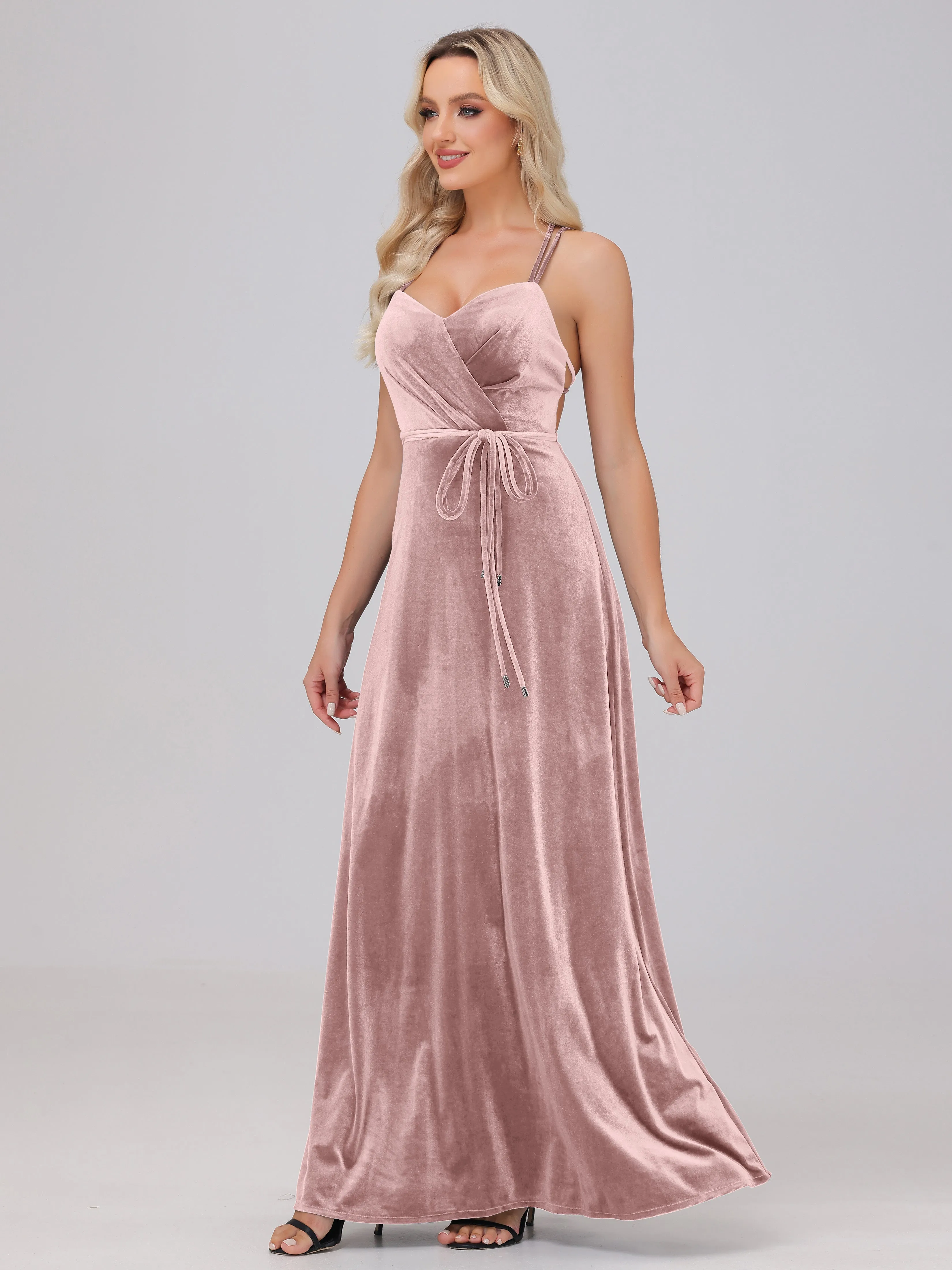 A-Line Sweetheart Criss-Cross Straps Long Velvet Bridesmaid Dresses