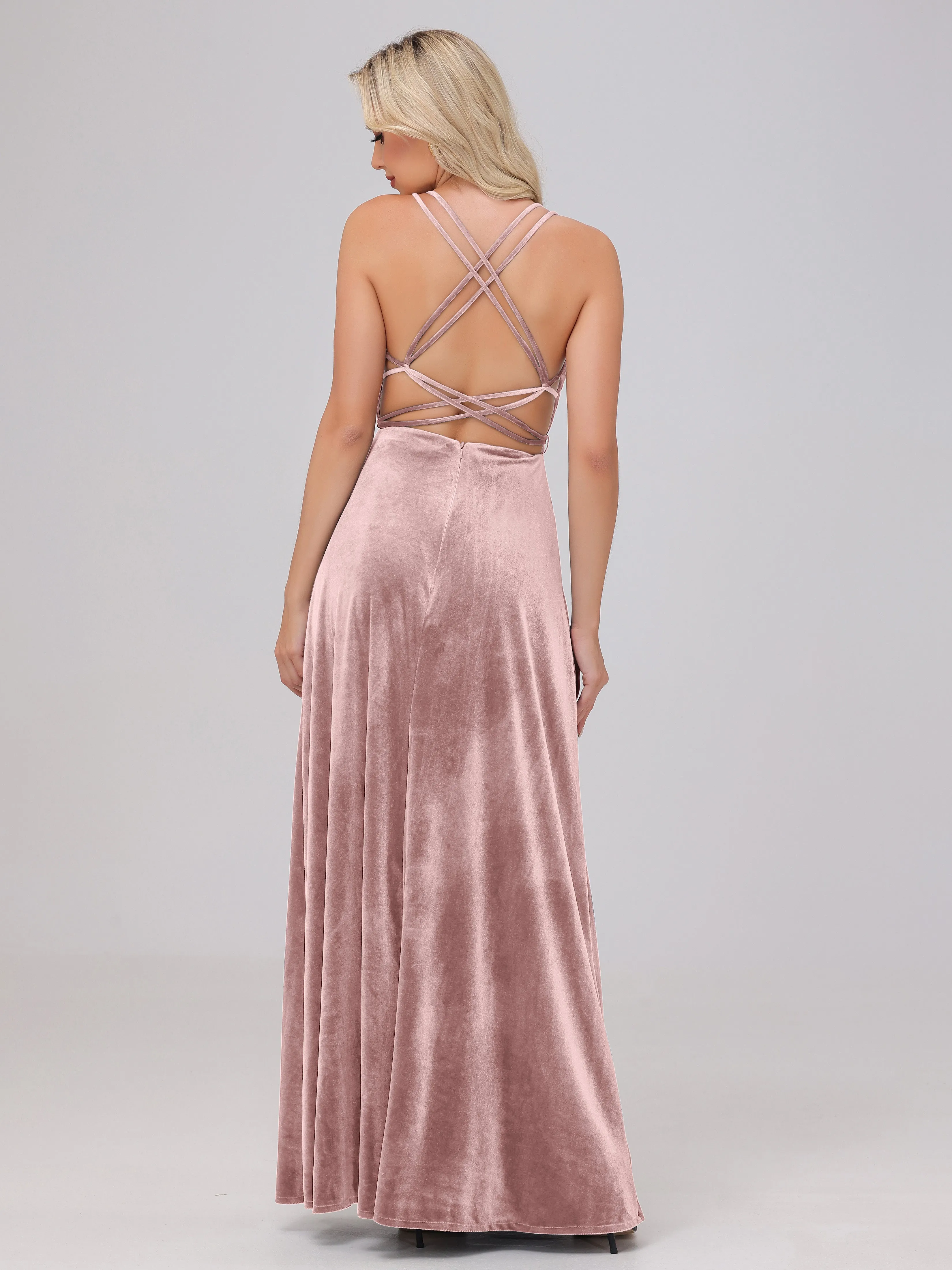 A-Line Sweetheart Criss-Cross Straps Long Velvet Bridesmaid Dresses