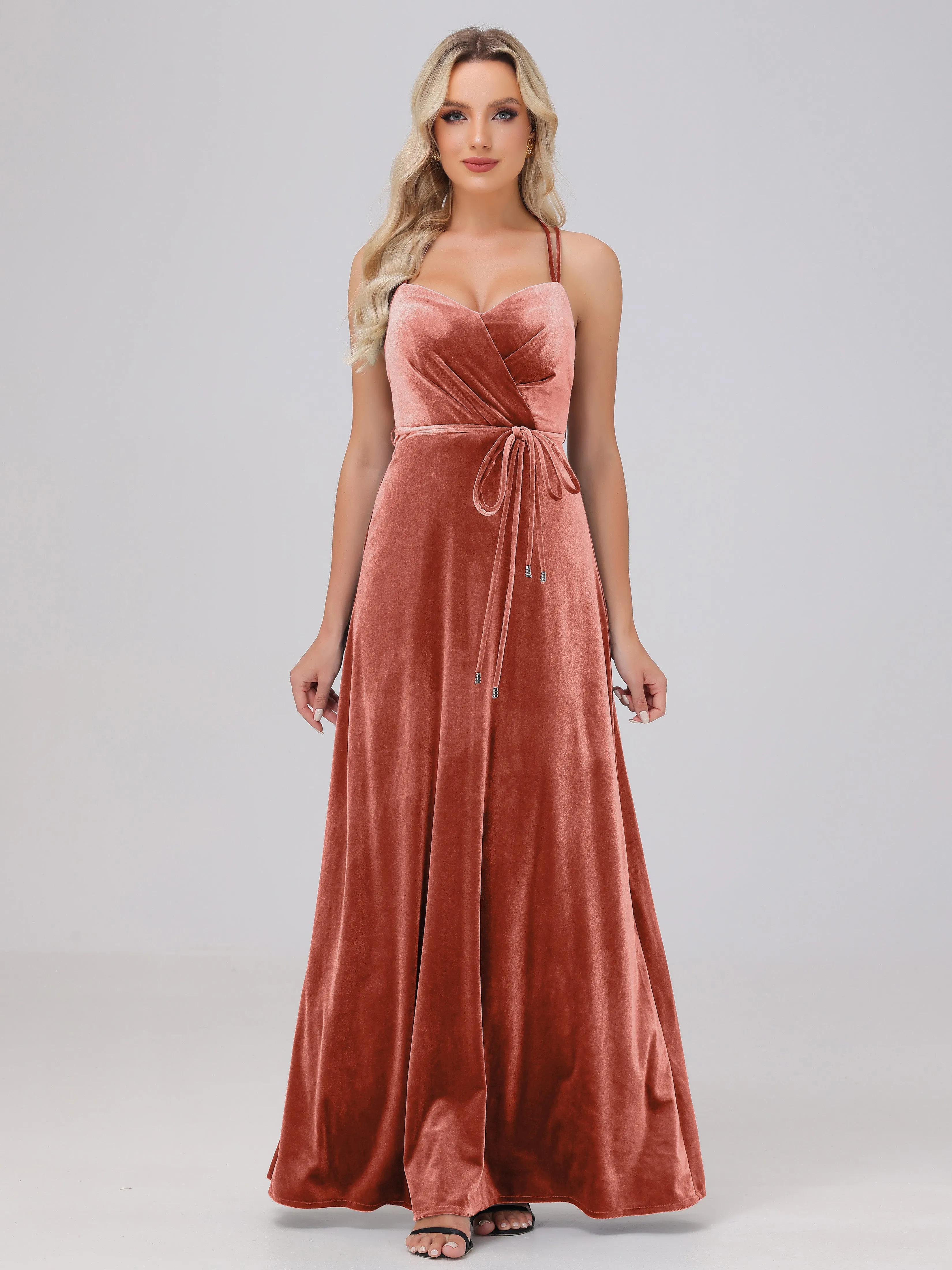 A-Line Sweetheart Criss-Cross Straps Long Velvet Bridesmaid Dresses