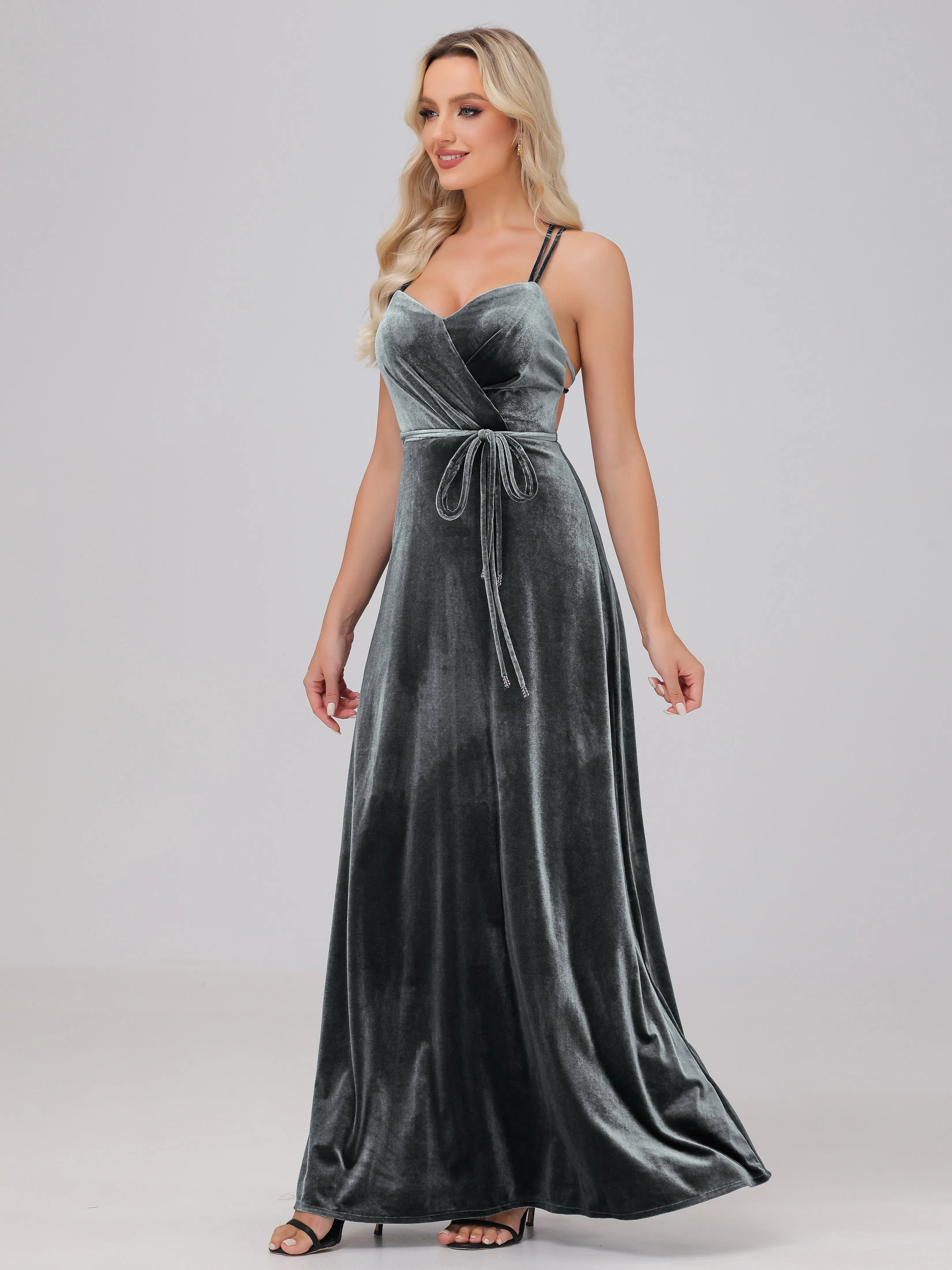 A-Line Sweetheart Criss-Cross Straps Long Velvet Bridesmaid Dresses