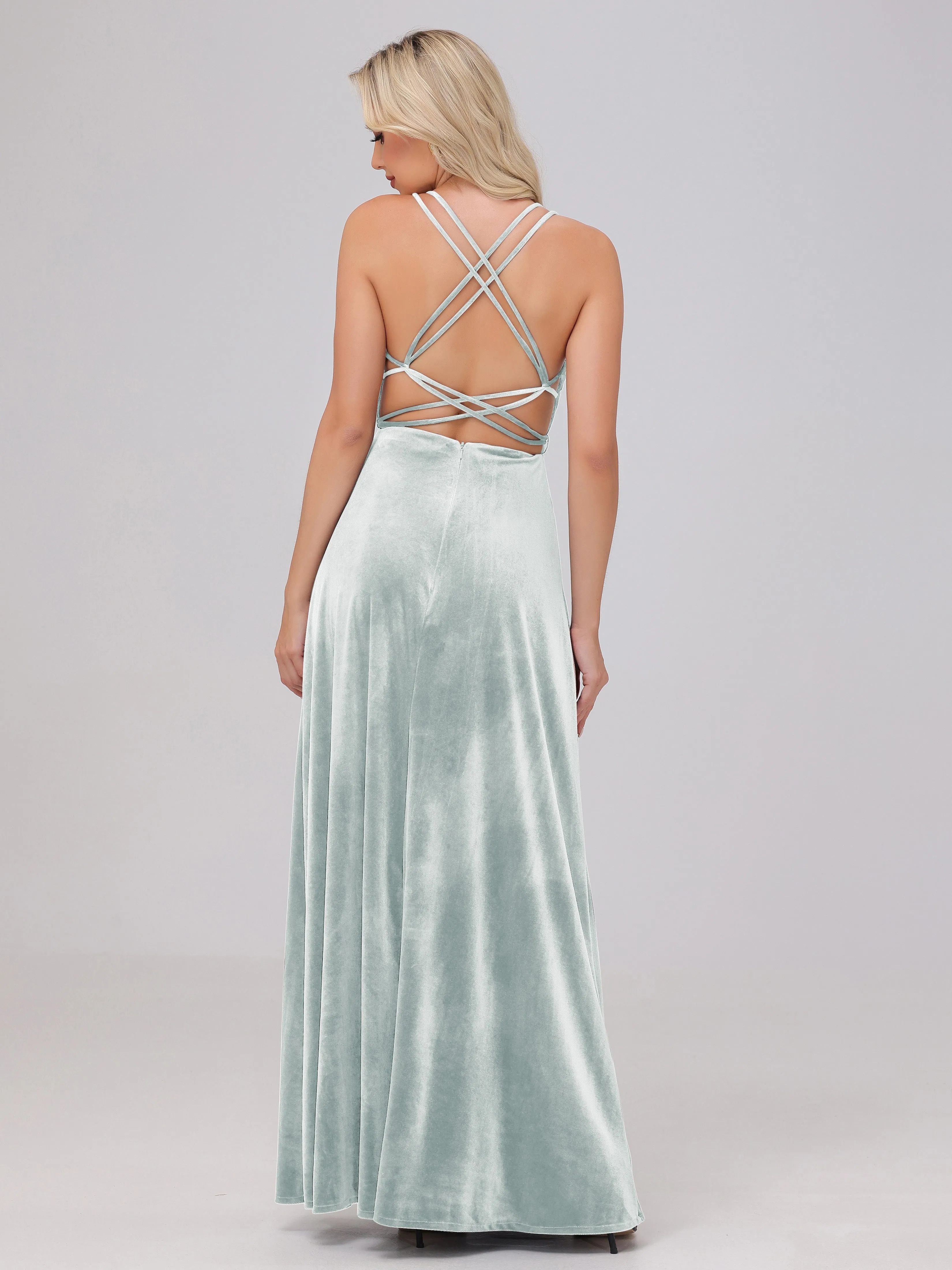 A-Line Sweetheart Criss-Cross Straps Long Velvet Bridesmaid Dresses