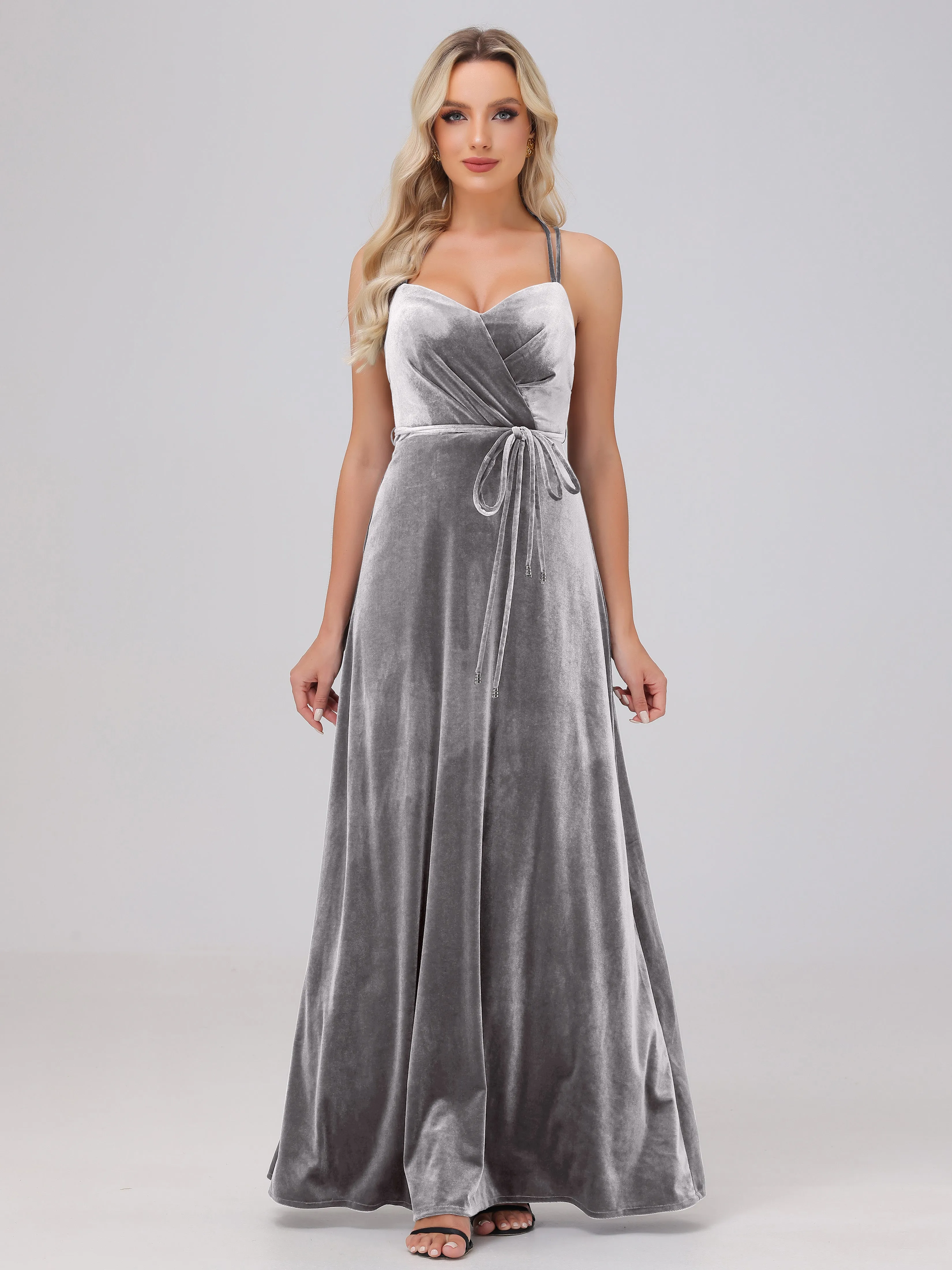 A-Line Sweetheart Criss-Cross Straps Long Velvet Bridesmaid Dresses