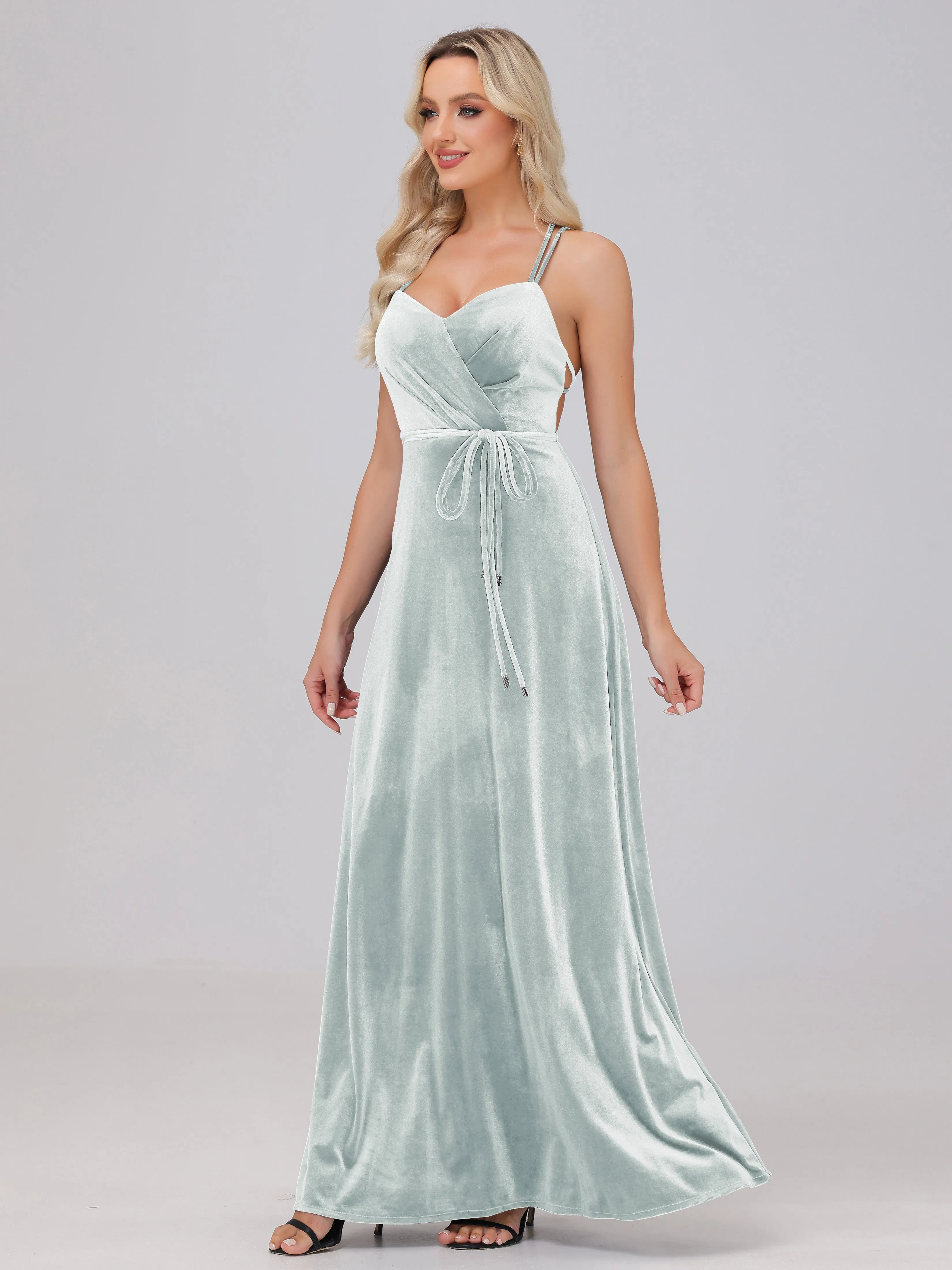 A-Line Sweetheart Criss-Cross Straps Long Velvet Bridesmaid Dresses