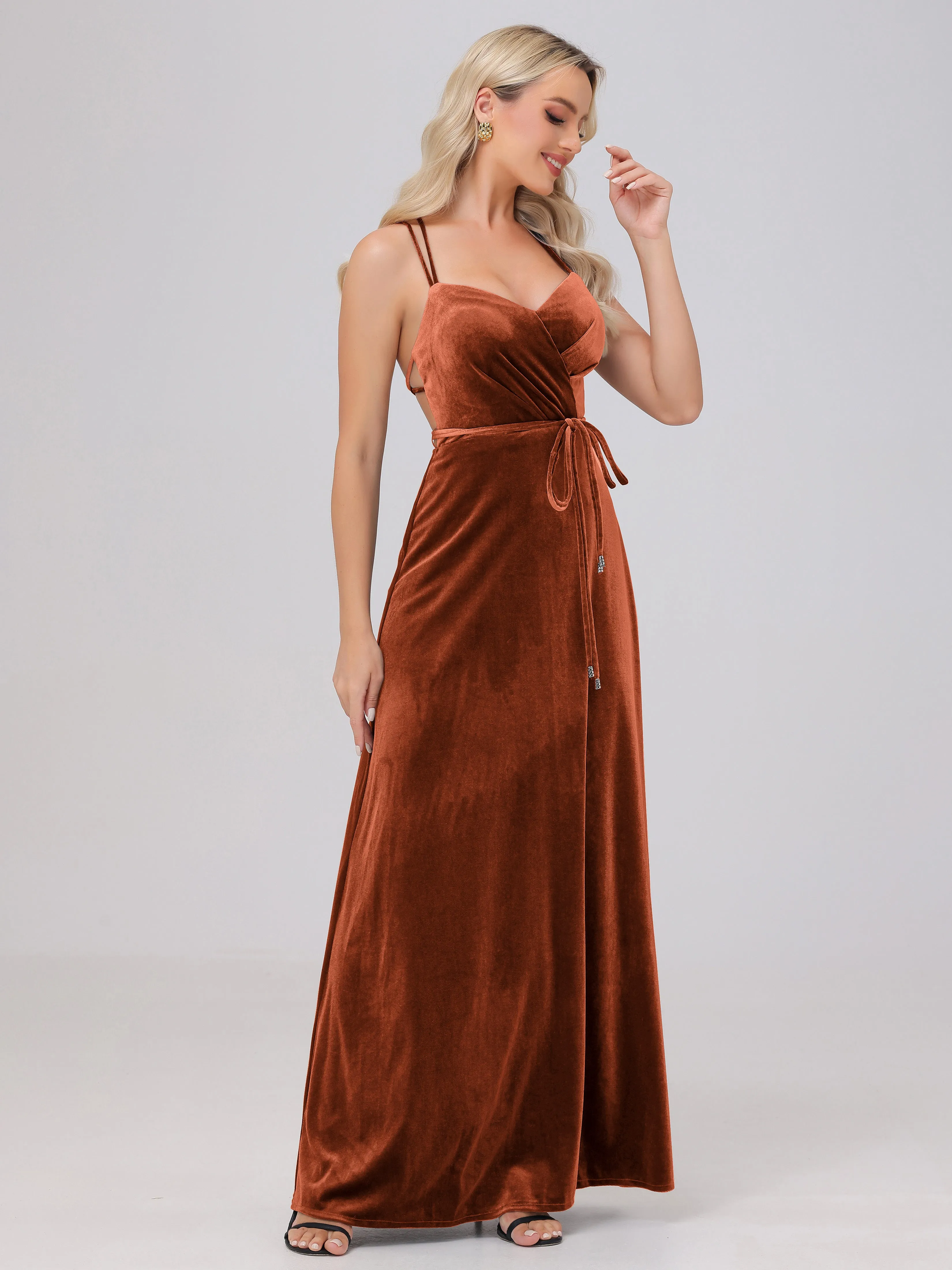 A-Line Sweetheart Criss-Cross Straps Long Velvet Bridesmaid Dresses