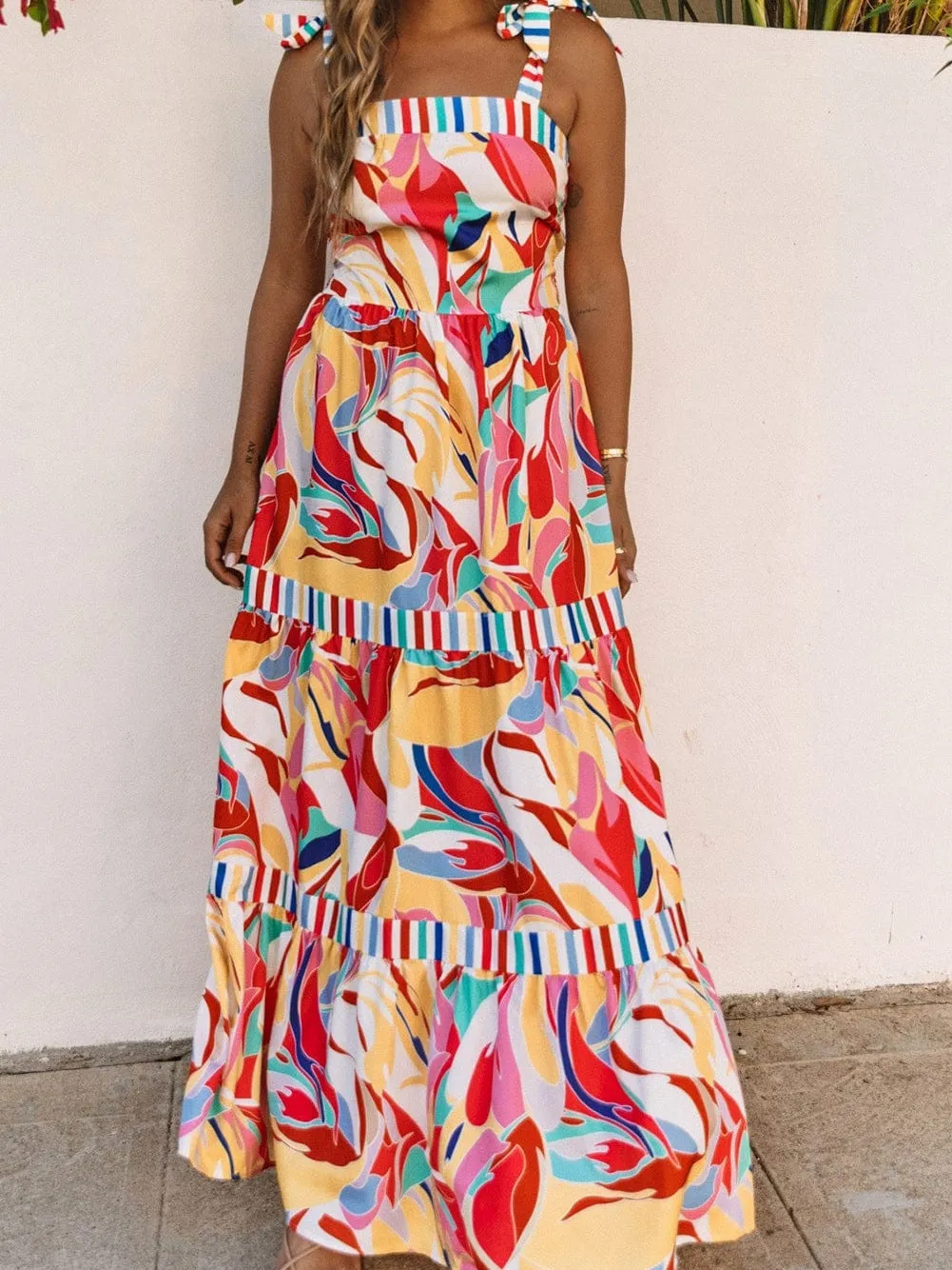 Abstract Print Multicolor Striped Trim Boho Maxi Dress