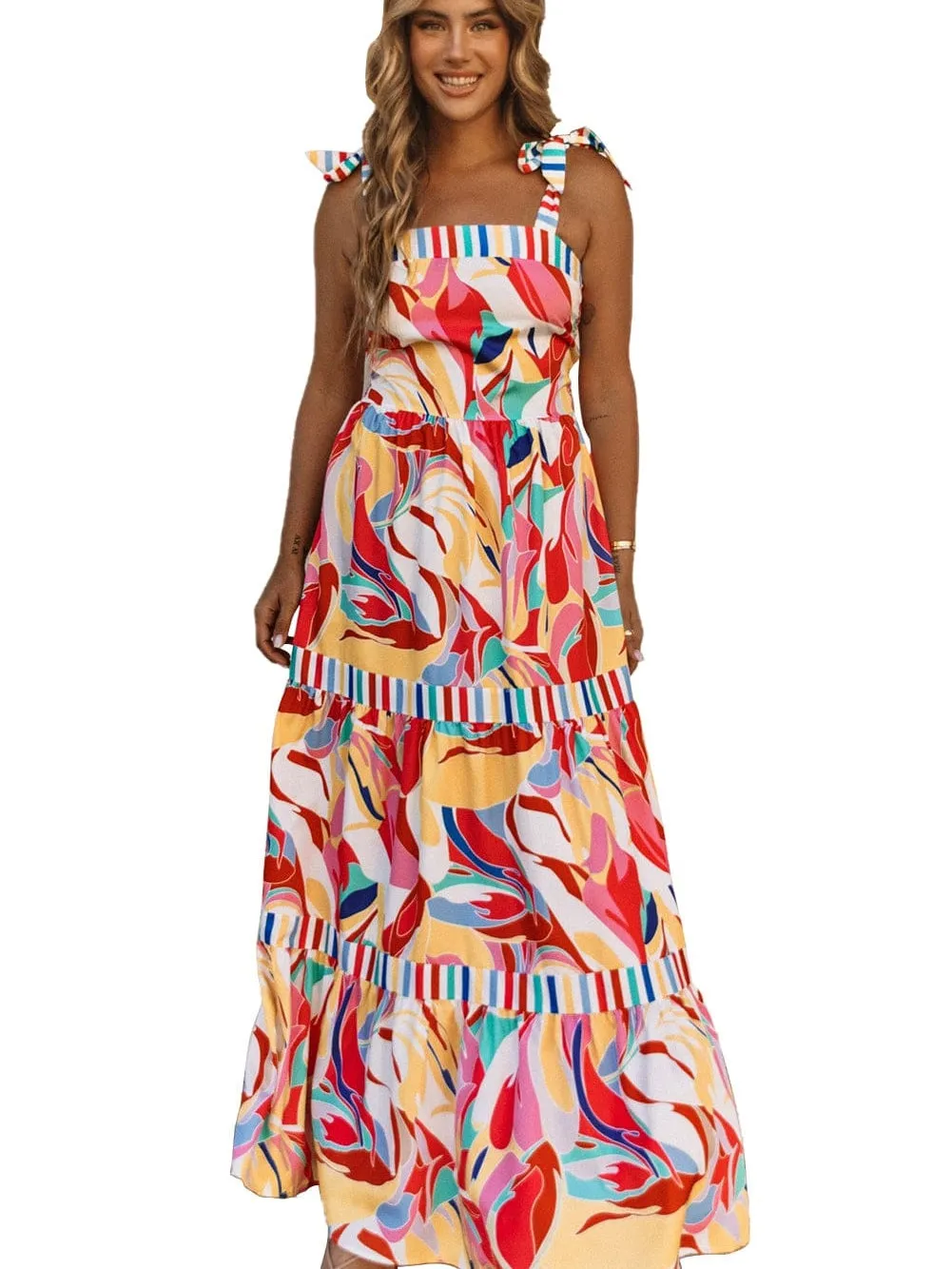 Abstract Print Multicolor Striped Trim Boho Maxi Dress