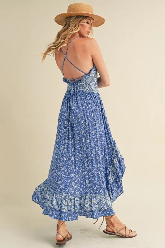 AEMI & Co. Floral Backless Boho Deeane Dress with Flare Skirt