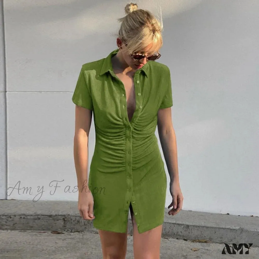 Amy Fashion - Collar Ruched Green Blue Slim Party Dresses