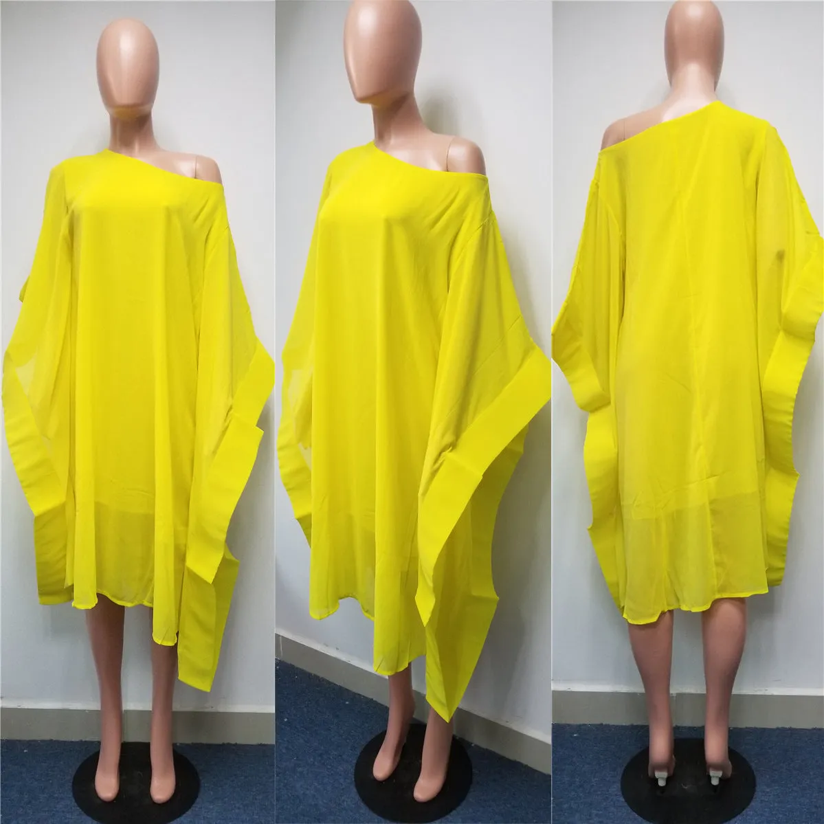 Bare Shoulder Solid Color Butterfly Sleeves Women Loose Knee-length Chiffon Dress