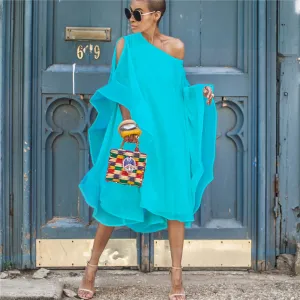 Bare Shoulder Solid Color Butterfly Sleeves Women Loose Knee-length Chiffon Dress