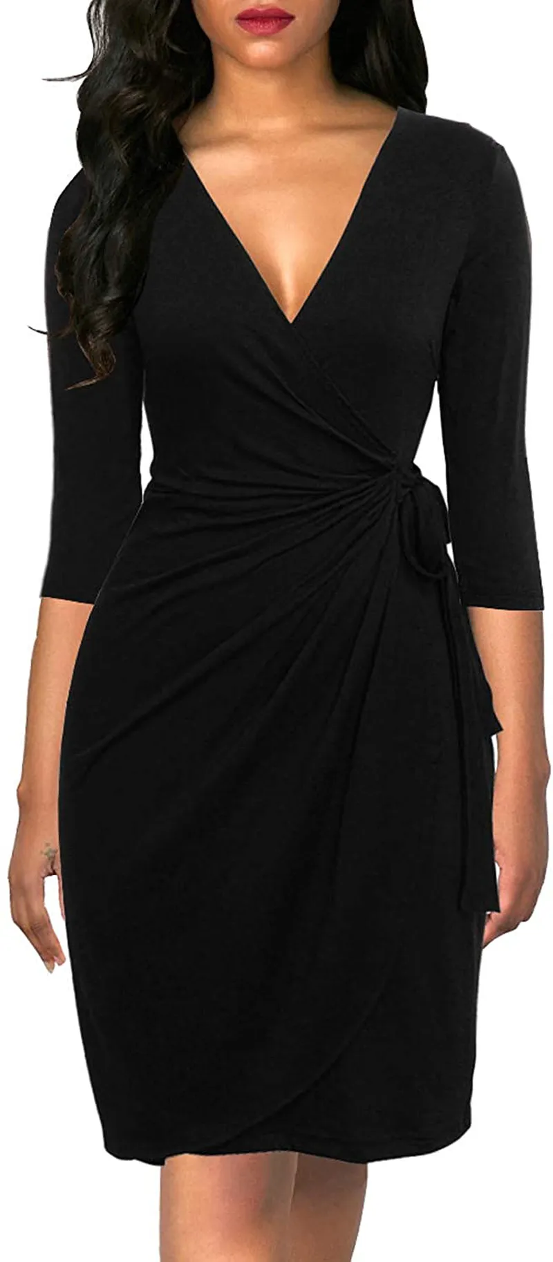 Berydress Women's Classic 3/4 Sleeve V Neck Sheath Casual Party Work Faux Black Wrap Dress