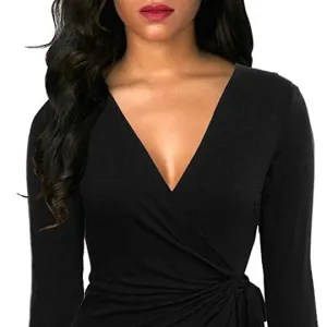 Berydress Women's Classic 3/4 Sleeve V Neck Sheath Casual Party Work Faux Black Wrap Dress