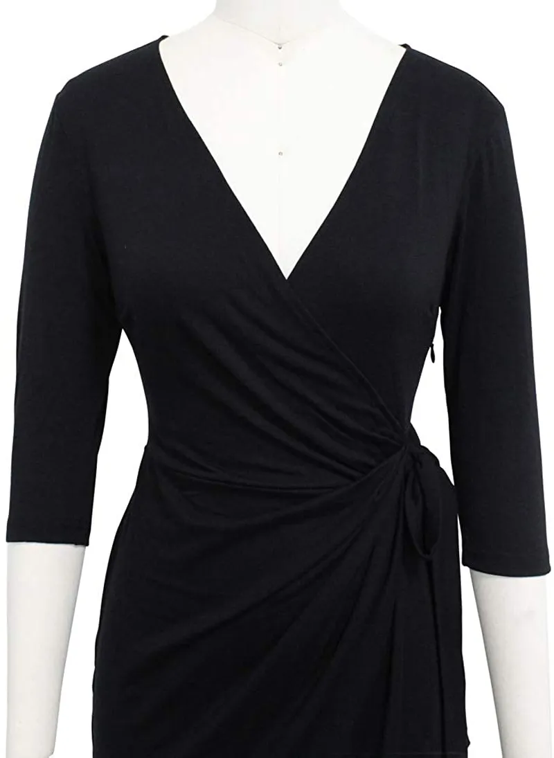 Berydress Women's Classic 3/4 Sleeve V Neck Sheath Casual Party Work Faux Black Wrap Dress