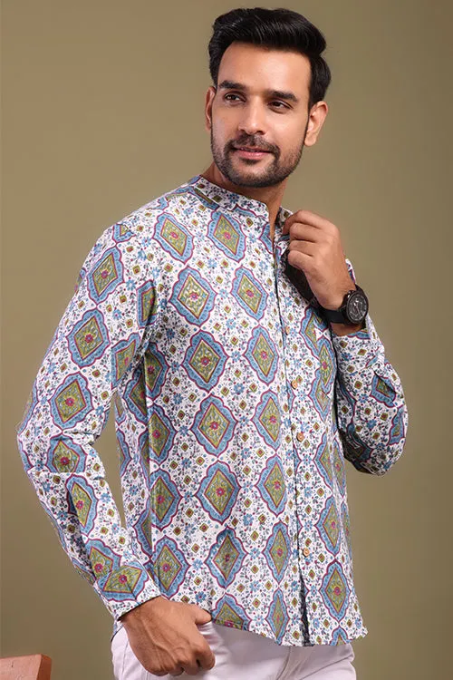 Blue And Green Printed Mens Shirt