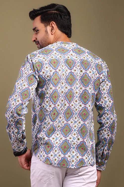 Blue And Green Printed Mens Shirt