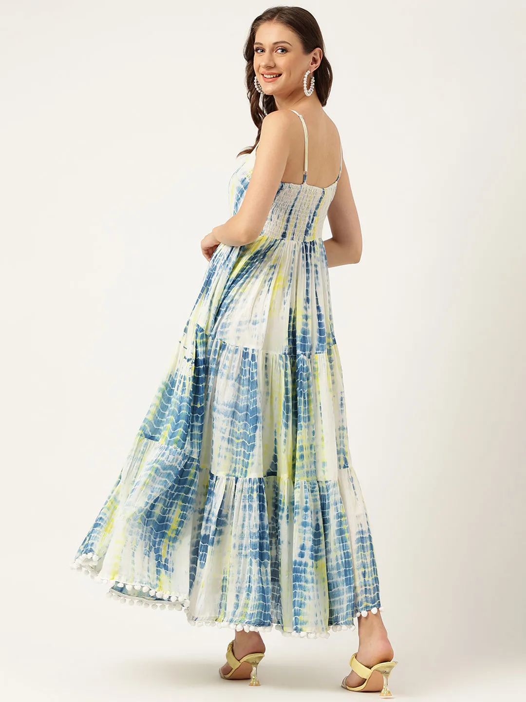 Blue Tie and Dye Dyed with Pom-Pom Detail Maxi Dress