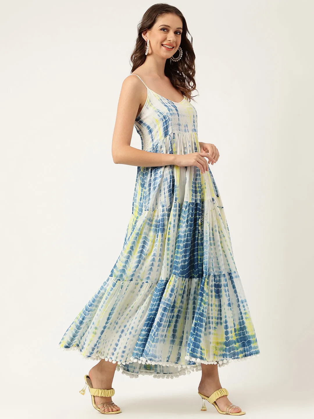 Blue Tie and Dye Dyed with Pom-Pom Detail Maxi Dress