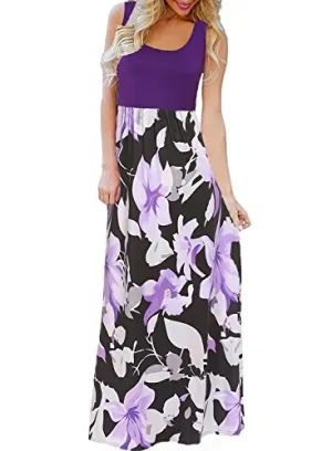 Bluetime Womens Maxi Dresses for Summer Sleeveless Long Dress Fitted Flower Dresses Maternity Long Dress (Floral C,L)