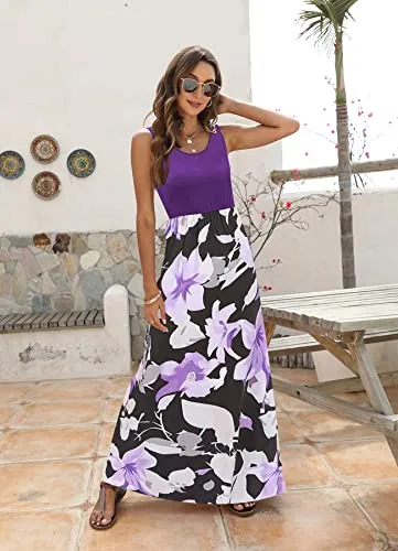 Bluetime Womens Maxi Dresses for Summer Sleeveless Long Dress Fitted Flower Dresses Maternity Long Dress (Floral C,L)