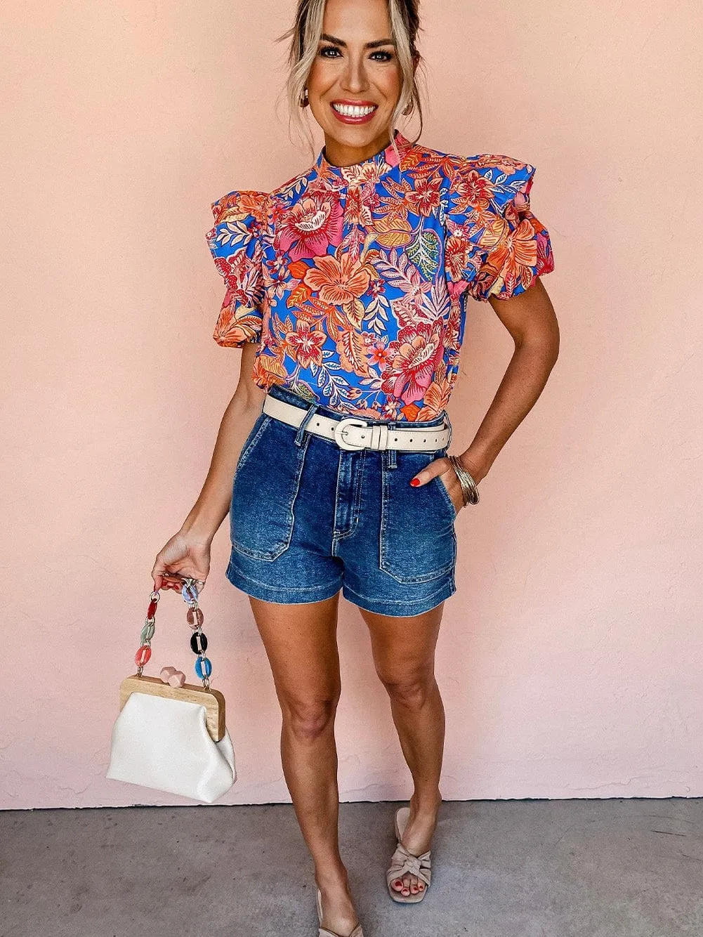 Blush Pink Floral Mock Neck Blouse with Ruffle Sleeves