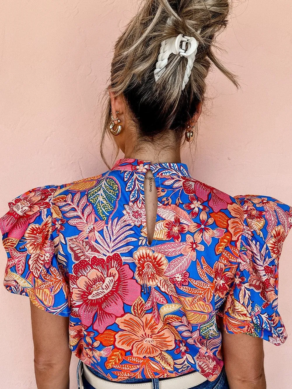 Blush Pink Floral Mock Neck Blouse with Ruffle Sleeves