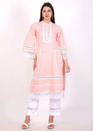 Blush Pink Lace Trim Kurta Set