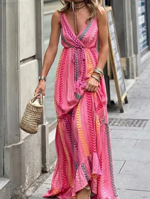 Bohemian Pink Geometric Print Maxi Dress with Tassel Detail