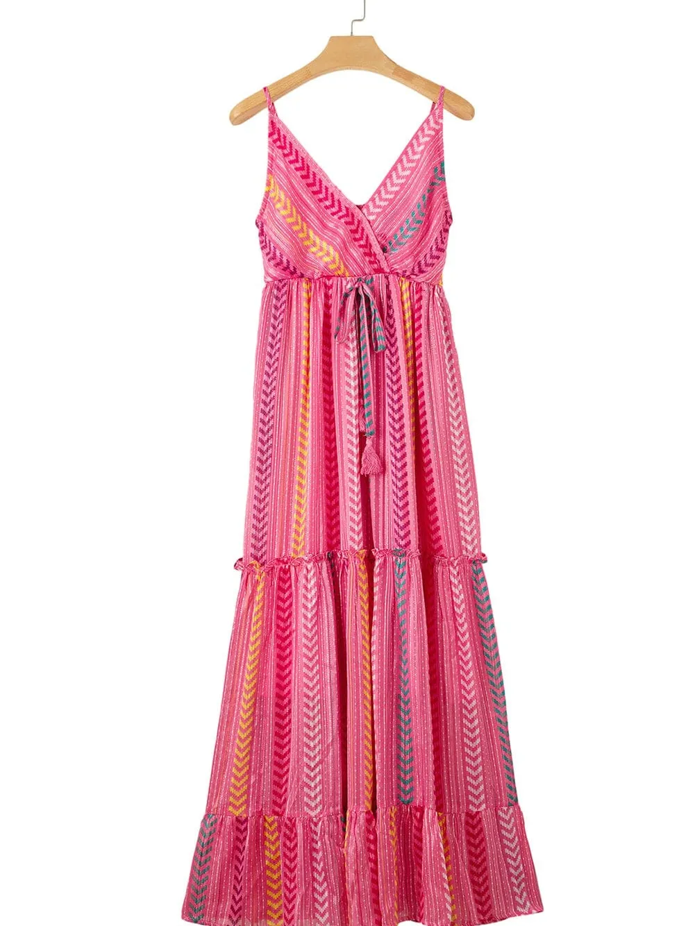 Bohemian Pink Geometric Print Maxi Dress with Tassel Detail