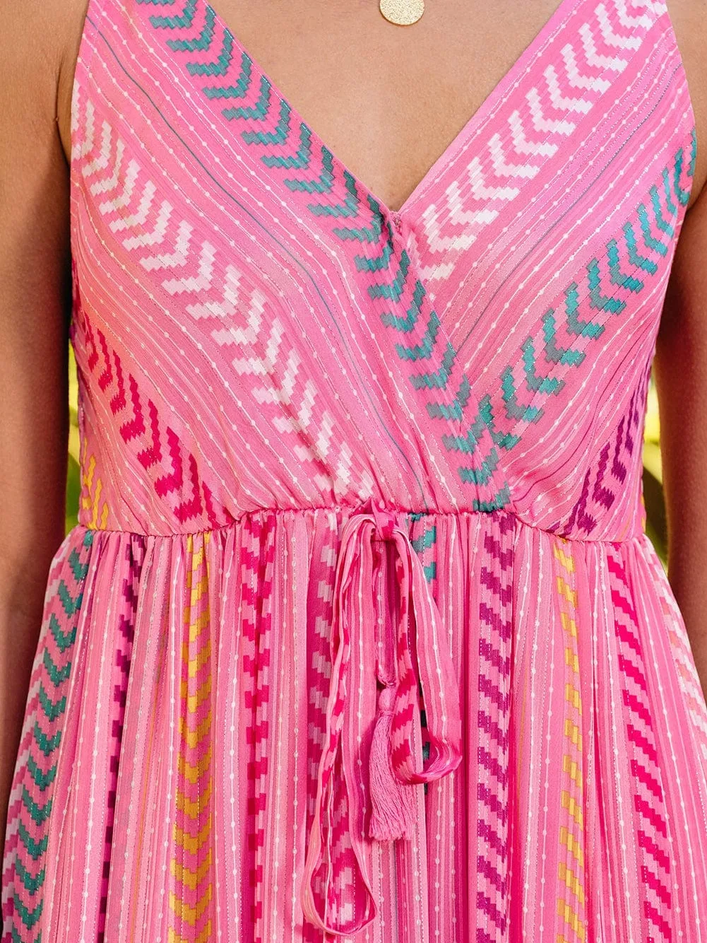 Bohemian Pink Geometric Print Maxi Dress with Tassel Detail