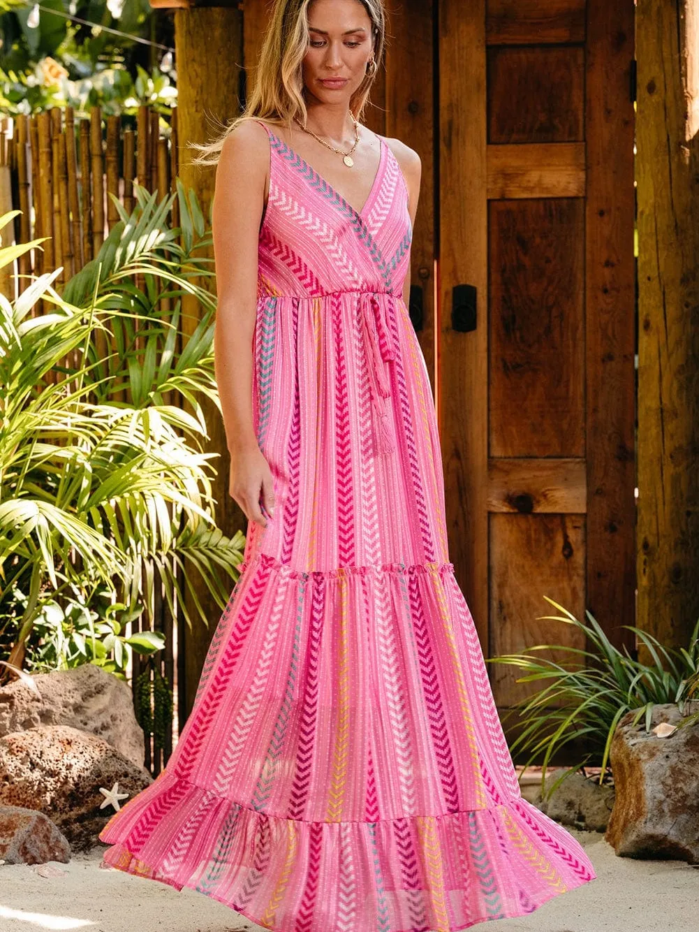 Bohemian Pink Geometric Print Maxi Dress with Tassel Detail