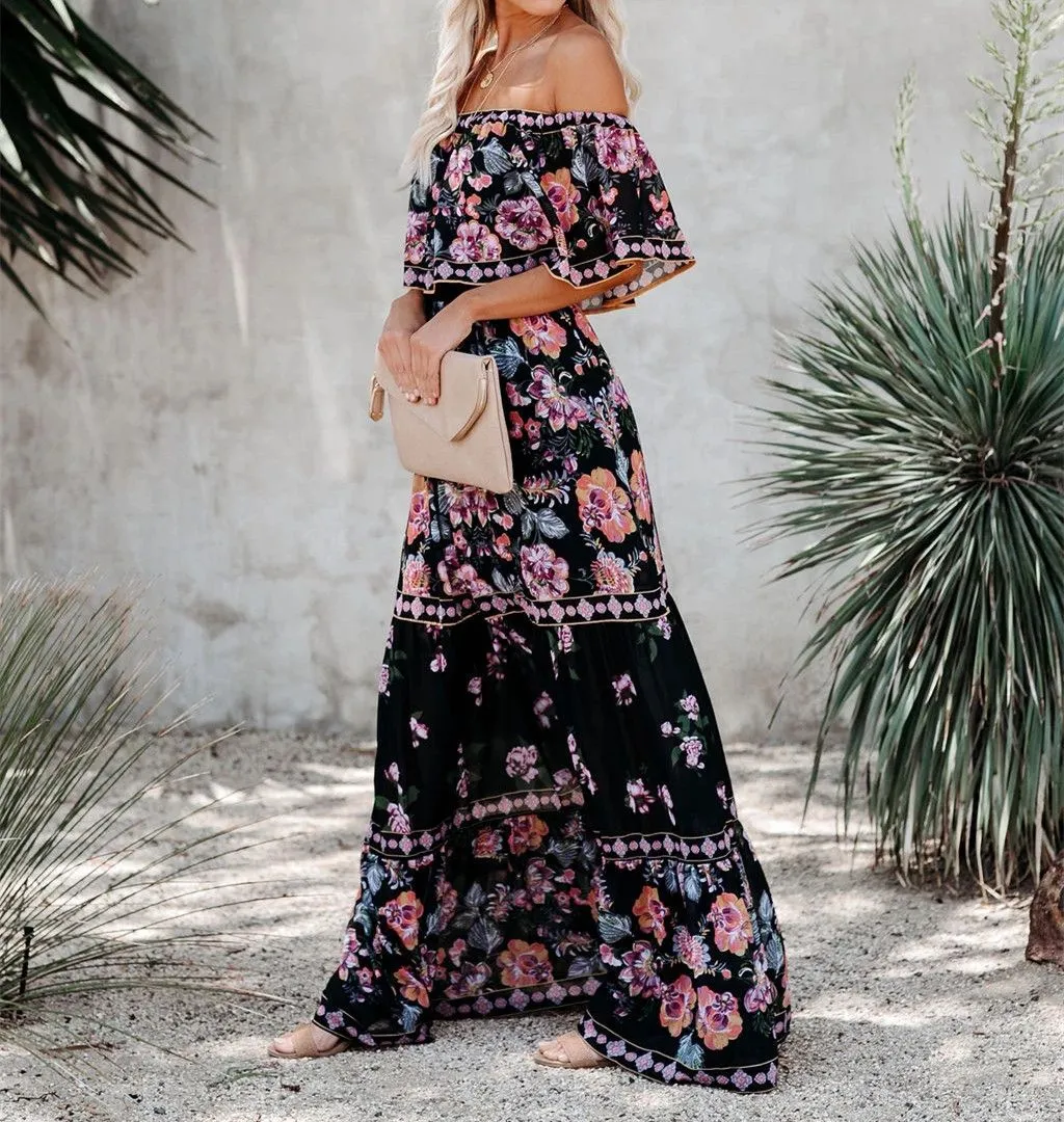 Botanical Hibiscus Peony Floral Flowy Top Off The Shoulder Maxi Dress