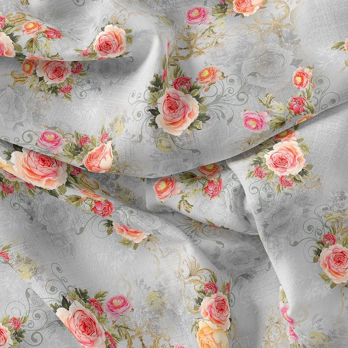 Bright Vintage Pink With Orange Rose Digital Printed Fabric - Pure Georgette