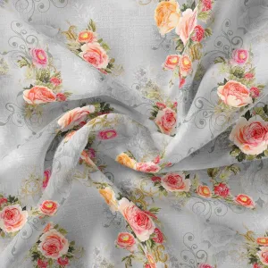 Bright Vintage Pink With Orange Rose Digital Printed Fabric - Pure Georgette