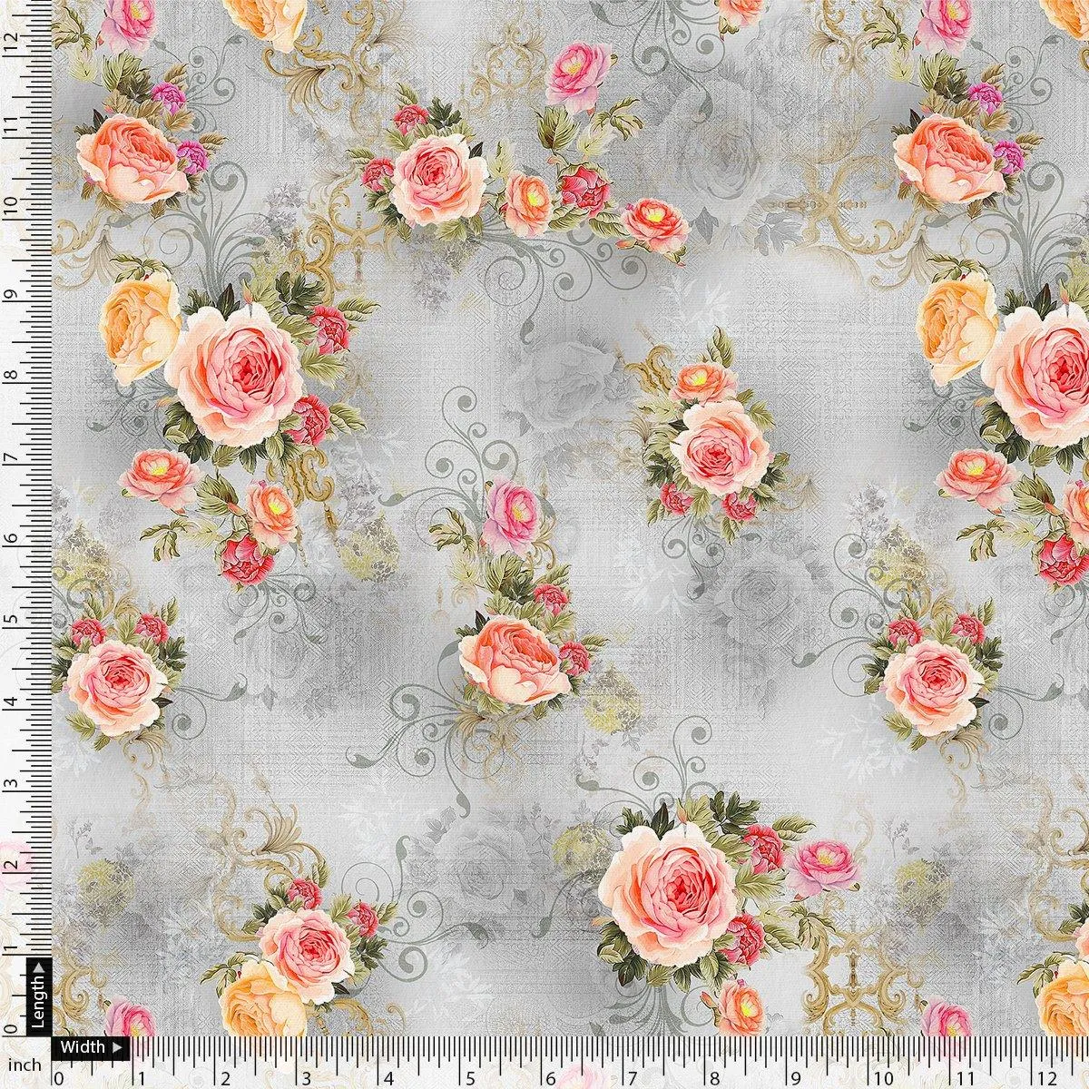 Bright Vintage Pink With Orange Rose Digital Printed Fabric - Pure Georgette