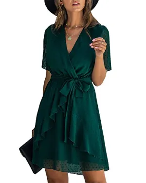 BTFBM Women 2023 Fashion Faux Wrap V-Neck Dresses Short Sleeve High Waist Belt Swing Ruffle Hem Aline Summer Short Dress(Dark Green, Medium)