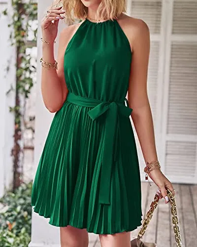 BTFBM Women 2023 Summer Casual Halter Neck A-Line Dress Sleeveless Belted Swing Pleated Cocktail Party Beach Mini Dresses(Solid Green, Medium)