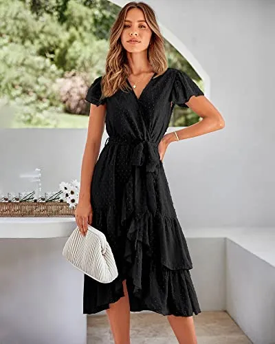 BTFBM Women Casual V Neck Dresses Boho Short Sleeve Chiffon Swiss Dot Belted Ruffle Wrap 2023 Summer Wedding Party Dress(Swiss Dot Black, Large)